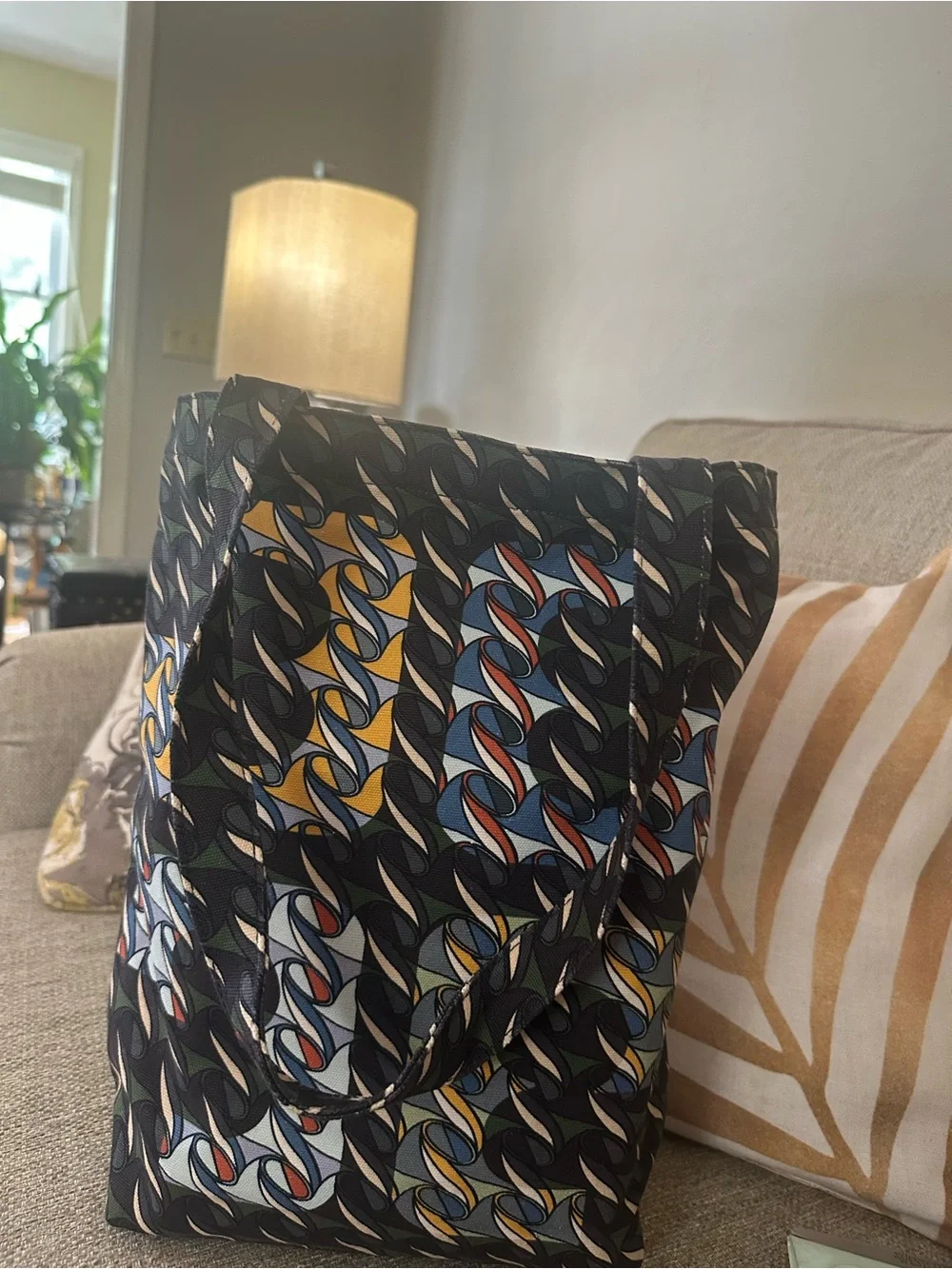 Tory Burch Black Patterned Tote with Multicolor Graphic Accents & Swan Print